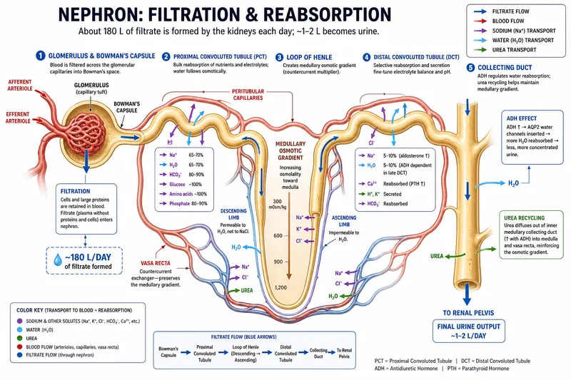 Kidney nephron filtration and reabsorption