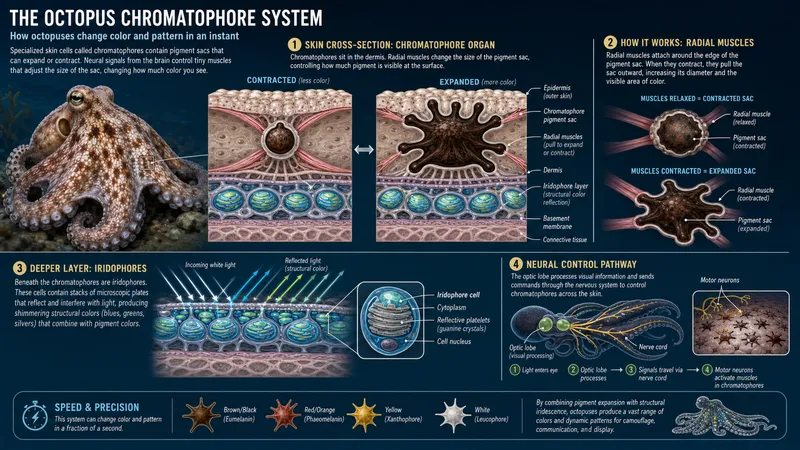 Octopus chromatophore color-changing skin mechanism