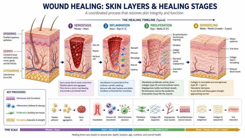Skin layers and wound healing stages