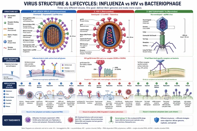 The structure of a virus showing capsid, envelope, and genome