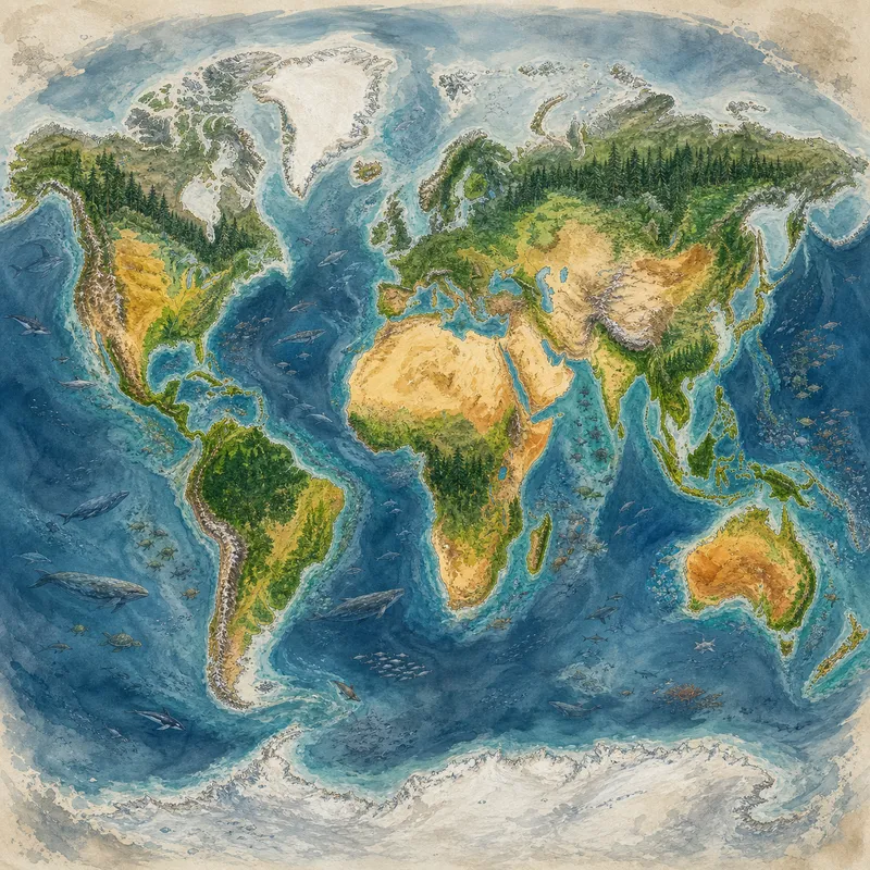 Biome map of Earth with temperate forest, grassland, wetland, desert, tropical f