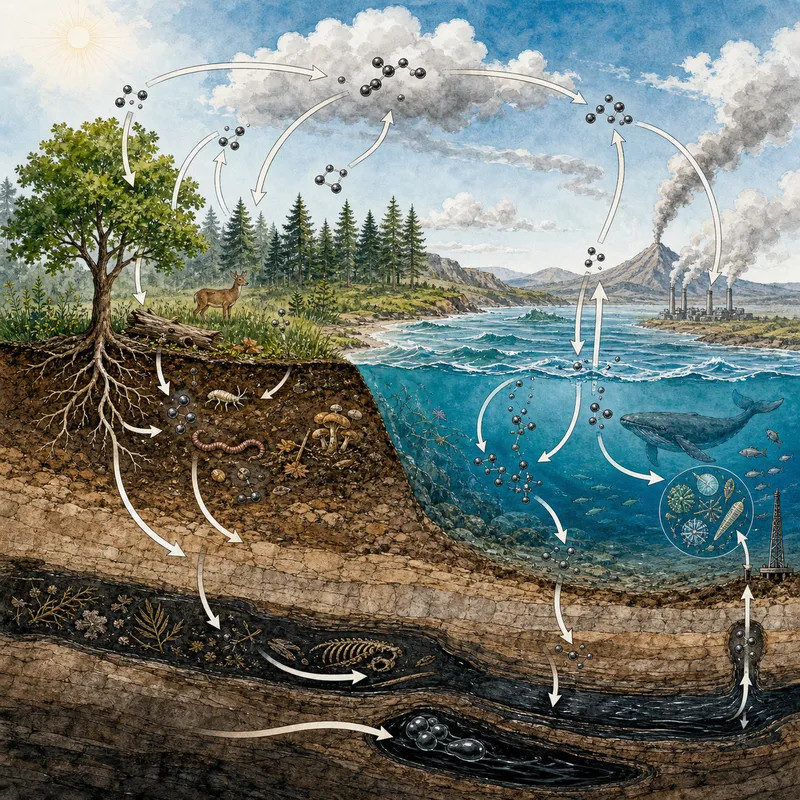 Carbon cycle diagram showing reservoirs and fluxes between atmosphere, oceans, b