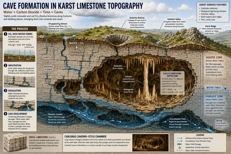 Cave formation in karst limestone topography