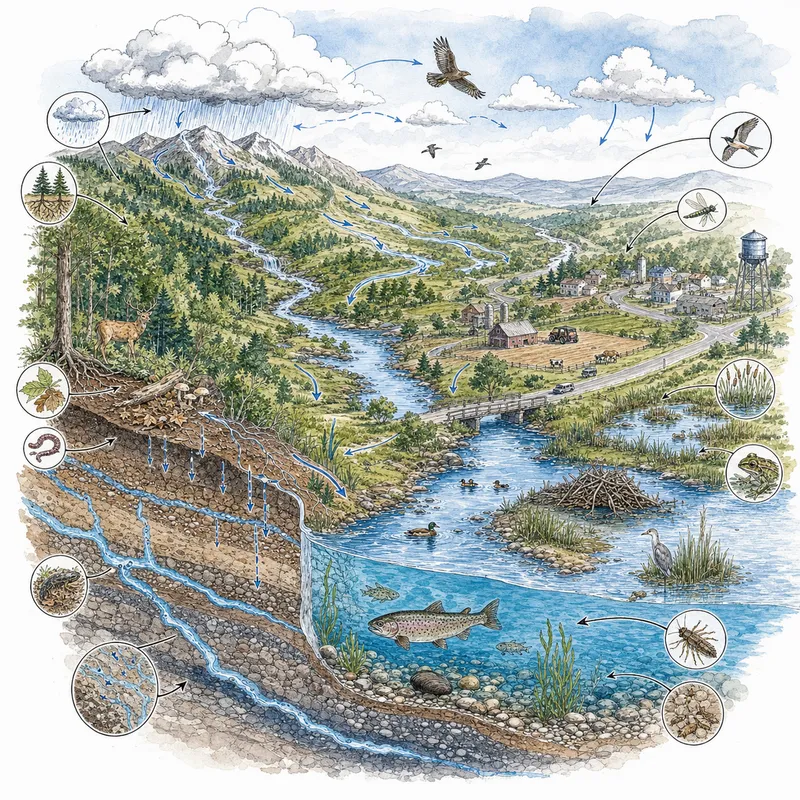 Hand-drawn watershed map with sky, soil, water path, plants, animals, human infr