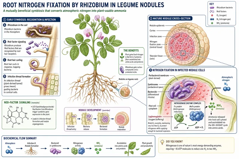 Root nitrogen fixation by rhizobium bacteria in legume nodules