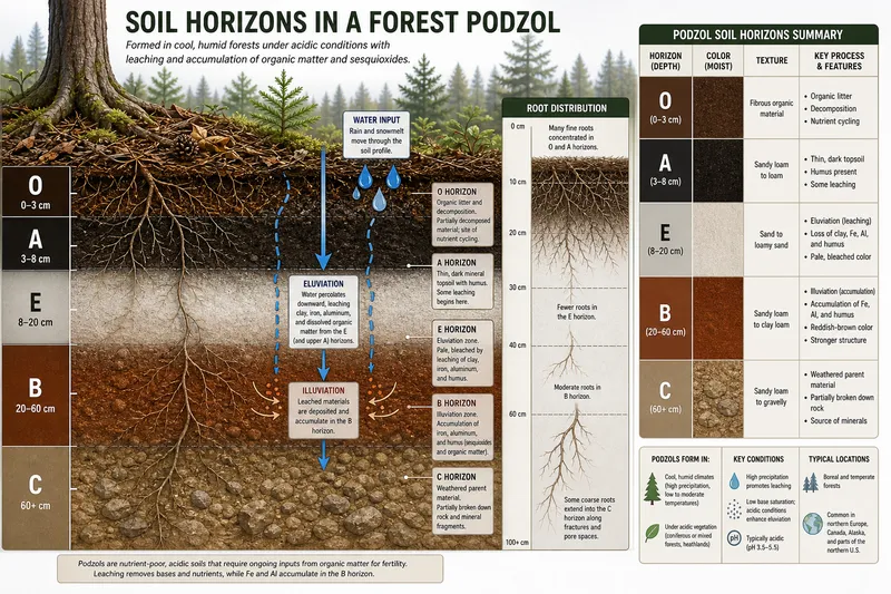 Soil horizons in a forest podzol