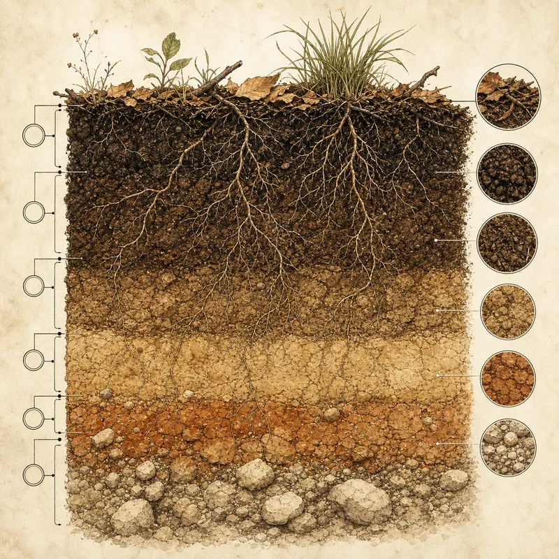 Soil profile diagram with annotated horizons and root structure