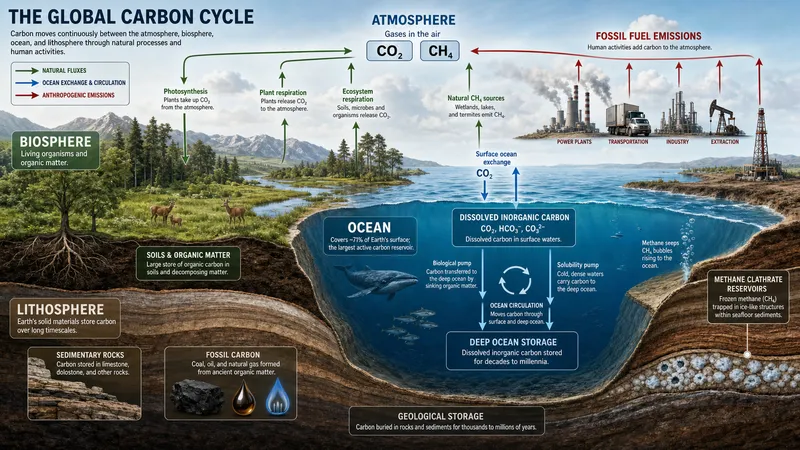 The carbon cycle linking atmosphere, biosphere, ocean, and lithosphere