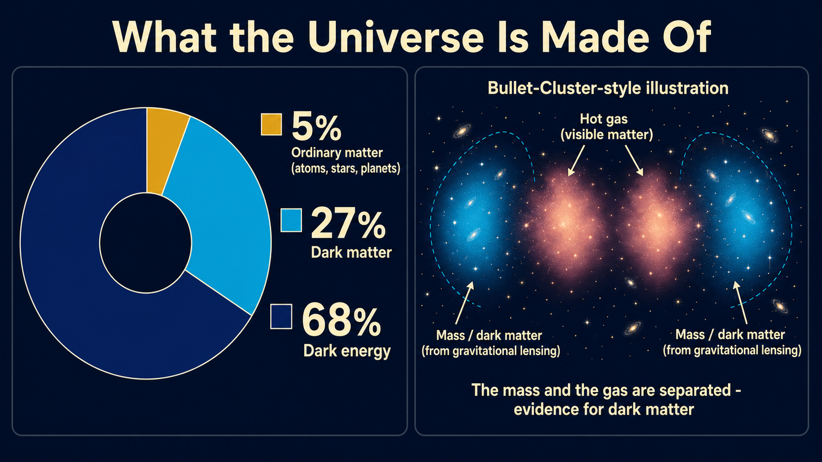 Two-panel infographic titled What the Universe Is Made Of. The left panel is a donut chart split into 5 percent ordinary matter, 27 percent dark matter, and 68 percent dark energy. The right panel is a Bullet-Cluster-style diagram of two collided galaxy clusters, where the glowing hot gas sits in the center while the gravitational mass and dark matter, inferred from lensing, have moved ahead and separated to the outer sides, illustrating the evidence for dark matter.