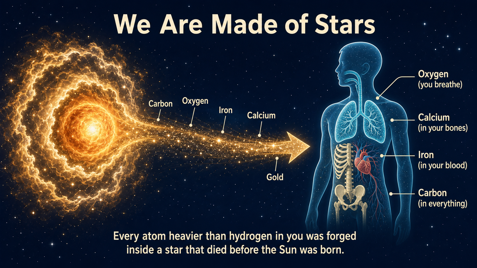 Illustration titled We Are Made of Stars. On the left, a dying star explodes and sheds glowing stardust. A stream of dust labeled with the elements carbon, oxygen, iron, calcium, and gold flows rightward toward a human figure. On the right, the elements settle into the body, with oxygen you breathe, calcium in your bones, iron in your blood, and carbon in everything. A caption explains that every atom heavier than hydrogen in you was forged inside a star that died before the Sun was born.